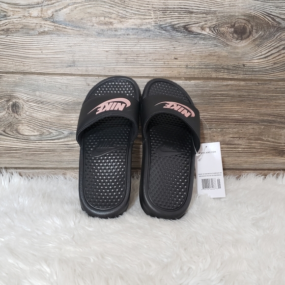 New Nike Benassi JDI Black Rose Gold Slide Sandals - Picture 5 of 7